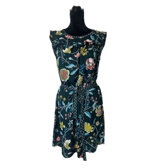 Loft Green Floral Flutter Cap Sleeve Belted Dress Size Small - Picture 5 of 16